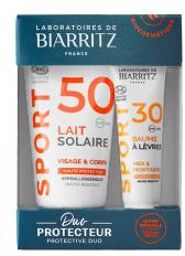 Sport Lait Solaire SPF50 Visage et Corps Bio 50 ml + Baume à Lèvres SPF30 Bio 15 ml - Coffret 2 produits