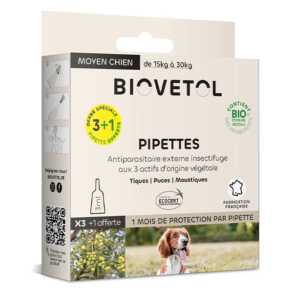 Pipettes Anti puce Anti tique Moyen Chien Bio 15-30kg (x3+1 Offerte)