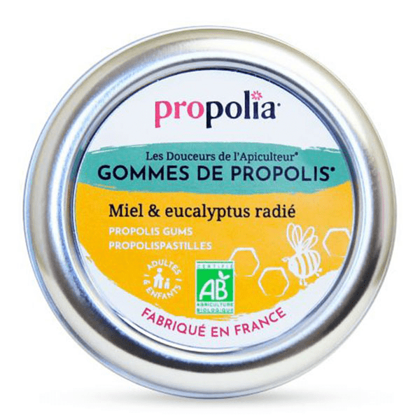 Bio Gommes de propolis, miel et eucalyptus radié Adoucit la gorge - 45 gr