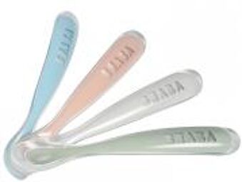 Béaba Lot de 4 Cuillères 1Er Âge Silicone Rainbow (Coloris Assortis Yellow/Light Blue/White/Dark Blue) - Blister 4 cuillères