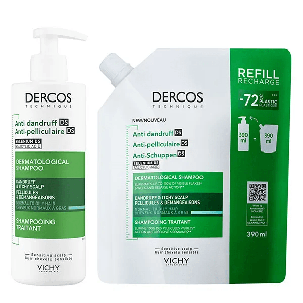 Dercos Anti-Pell DS : Shampoing et Éco-recharge 390ml Cheveux normaux à gras