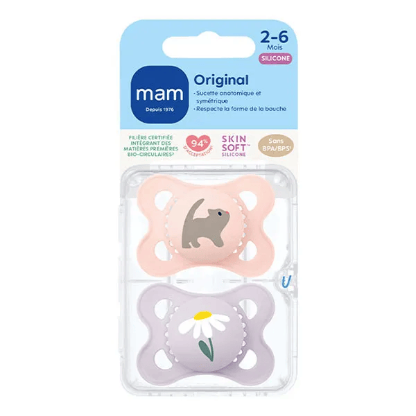 Sucette Original Nature 2-6 mois Silicone Motif Chat et Fleur X2