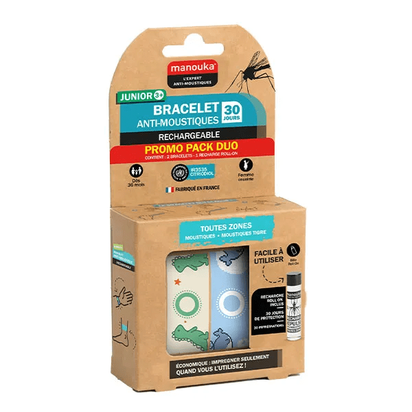 Pack duo Bracelet Anti moustique Junior Motif Dinosaure Baleine