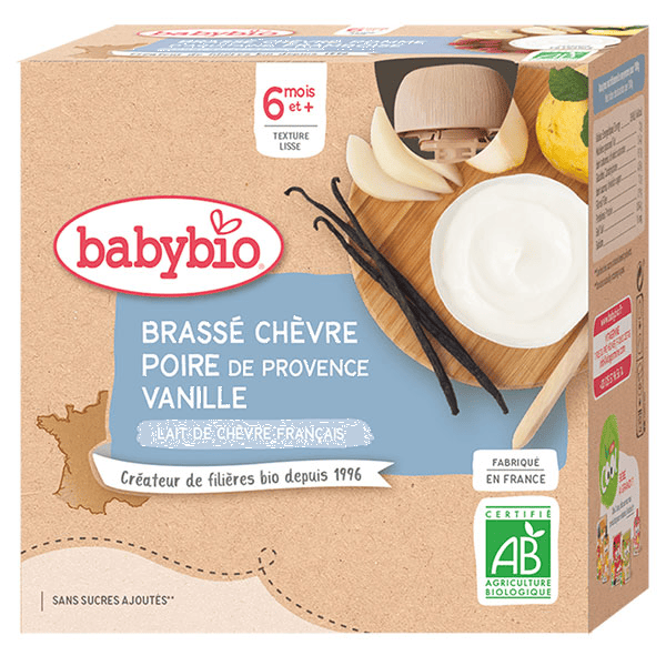 Desserts Lactés Gourde Brassé Lait de Chèvre Poire Vanille +6m Bio 4 x 85g