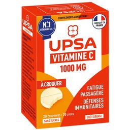 Vitamine C 1000 mg - 20 comprimés à croquer - Adulte - Complément alimentaire sans sucres, goût orange - Fatigue passagère et défenses immunitaires