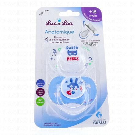 LUC ET LEA Sucette Silicone Anatomique +18 mois x2 super héros et lapin