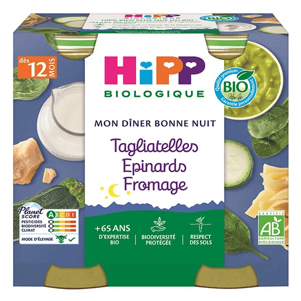 Bio Mon Dîner Bonne Nuit Bol Tagliatelles Epinards Fromage +12m Lot de 2 x 250g