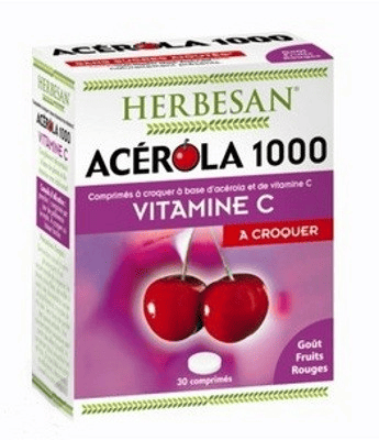 Acérola 1000 Vitamine C à croquer Goût Fruits Rouges 30 comprimés