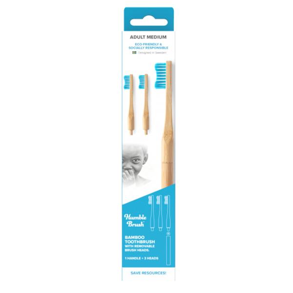 Brush Brosse à Dents Souple en Bambou 1 Manche + 3 Têtes Bleu