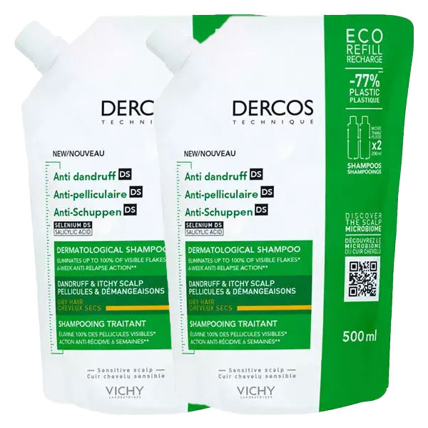 Dercos Shampooing Antipelliculaire DS Cheveux Secs 2x Écorecharge 500ml