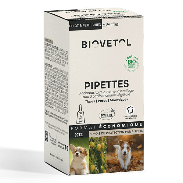 Pipettes Anti puce Anti tique Chiot/ Petit Chien Bio -15kg x12