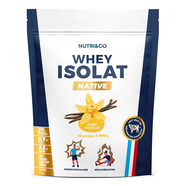 Nutri&Co Protéines Whey Isolat Native 94% en poudre - Goût Vanille - 900gr
