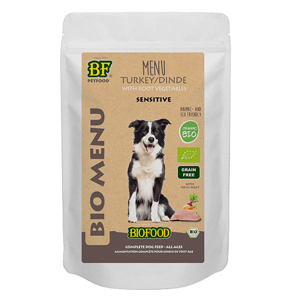 - Biofood Menu Bio à base de 50% de viande de dinde BIO pour chien. Sachet de 150g