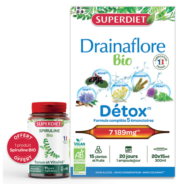 Drainaflore Bio et Spiruline Bio - 20 ampoules de 15ml + 45 gélules