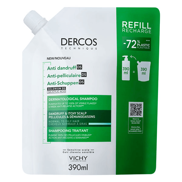 Dercos Shampooing traitant pellicules et démangeaisons cheveux normaux/gras éco-recharge 390ml