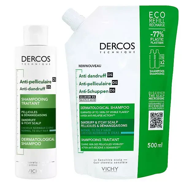 Dercos Shampooing Antipelliculaire DS Cheveux Gras 200ml + Écorecharge 500ml