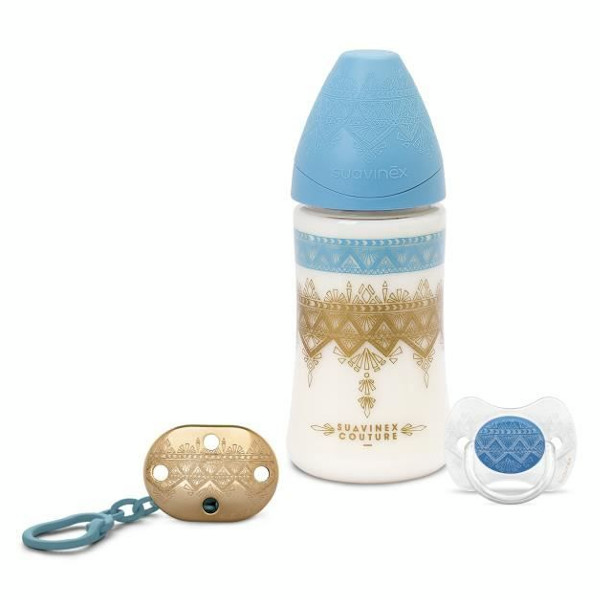 Pack Couture Ethnic Biberon 270ml + Sucette 0-4m + Attache Sucette Bleu