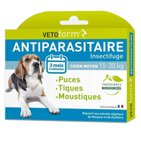 Antiparasitaire chien moyen 15-30 kg (3 pipettes de 3 ml)