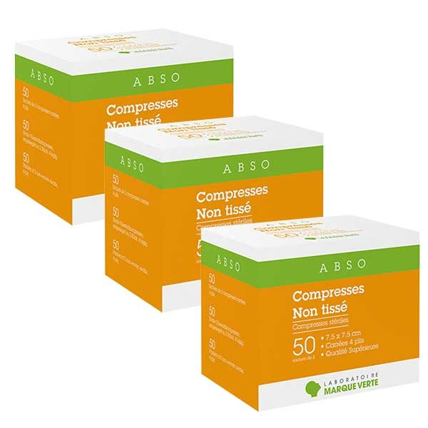 Abso Compresses Stériles Non Tissé 7,5cm x 7,5cm 100 compresses Lot de 3