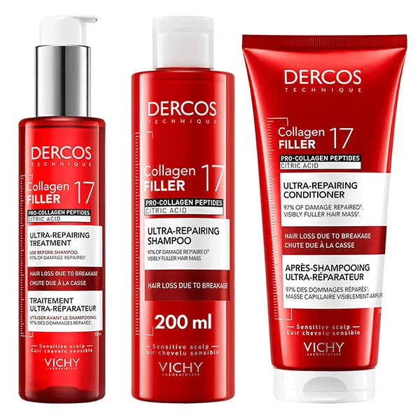 Routine Protocole 3 Produits Shampooing Dercos Anti-casse Collagen 17 Filler
