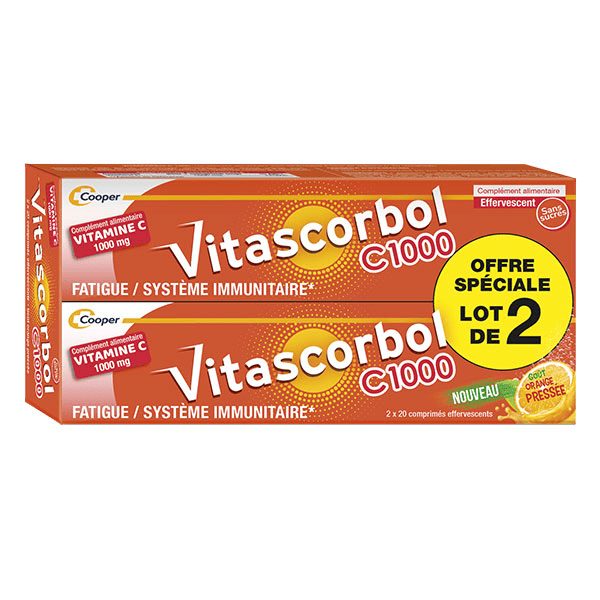 Vitamine C 1000 mg - Goût Orange Pressée - 2x 20 comprimés effervescents