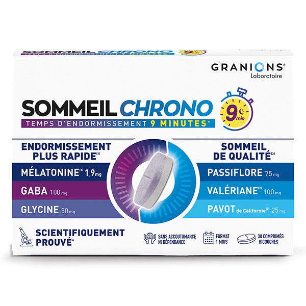 Granions Sommeil Chrono 9min - Mélatonine 1,9 mg, Valériane, Passiflore, Gaba - 30 comprimés