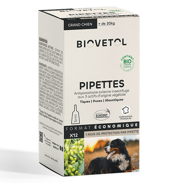 Pipettes Anti puce Anti tique Grand Chien Bio +30kg x12