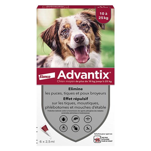Chien Solution Antiparasitaire Race Moyenne 10 à 25kg 6 pipettes