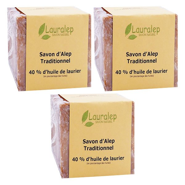 Savon d'Alep Traditionnel 40% d'Huile de Laurier Lot de 3 x 200g