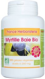 200 gélules MYRTILLE baie BIO AB dosées à 250 mg.