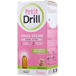 Petit Drill sirop 125ml+pipette, toux sèche enfant dès 12 mois, glycérol végétal, sans sucre, arôme fraise. Dispositif médical.