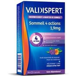 VALDISPERT-Endormissement & Maintien Du Sommeil-Sommeil 4 Actions 1,9 mg-Complément Alimentaire à base de plantes et de Mélatonine 1,9mg-Dosage Extra Fort-Sans Dépendance ni accoutumance-30 Capsul