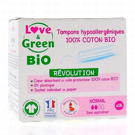 LOVE & GREEN Révolution - Tampons hypoallergéniques flux normal 16 tampons sans applicateur