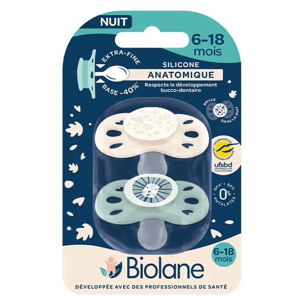 2 Sucettes collection nuit 0-6 mois Vert et Beige Base extra-fine et téterelle réversible