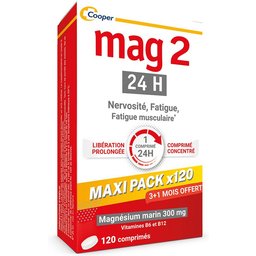 - 24H - Maxi Pack Promo 4 Mois - Complément alimentaire à base de magnésium, vitamine B6 et B12 - Anti-nervosité et anti-fatigue - 3+1 mois offert - Programme de 120 jours - 120 comprimés l