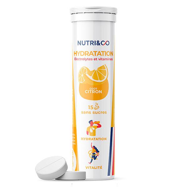 Nutri&Co Électrolytes Hydratation - 5 Minéraux 4 Vitamines - Goût Citron - 15 Comprimés