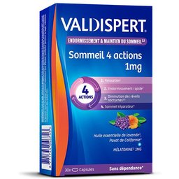 - Complément Alimentaire Sommeil Mélatonine 1mg  - 4 Actions - Sommeil Complet - Programme 30 Nuits - 30 Capsules Liquides