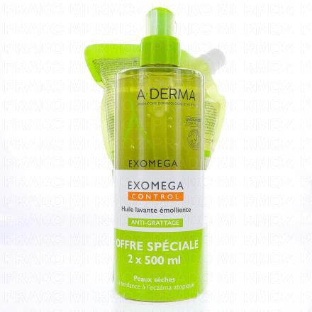 A-DERMA Exomega Control - Huile lavante émolliente flacon 500ml + eco recharge 500ml