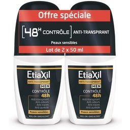 - Déodorant Anti-transpirant - Homme - Transpiration Modérée - Aisselles - Contrôle 48h - Roll-on - 50 ml - Lot de 2