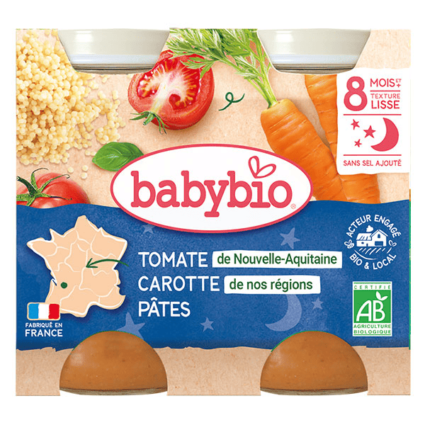Repas Soir Pot Carotte Tomate Pâtes +8m Bio 2 x 200g