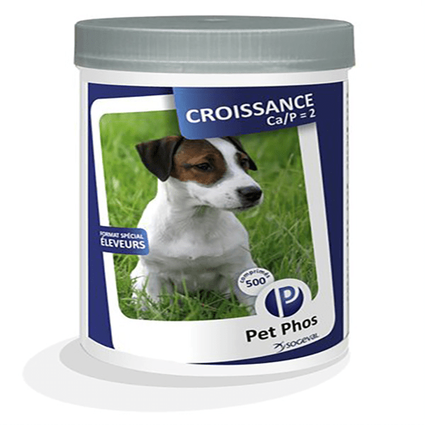 Pet Phos Croissance CA/P = 2 - Chiots en croissance et femelles gestantes ou allaitantes nourris avec une ration ménagère - Format éleveurs 500 unités