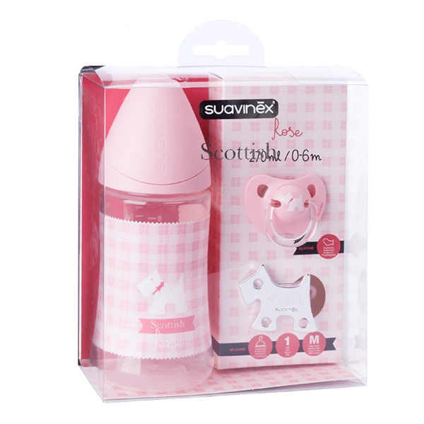 Coffret Biberon Silicone 0-6m + Sucette + Attache Sucette Scottish Rose