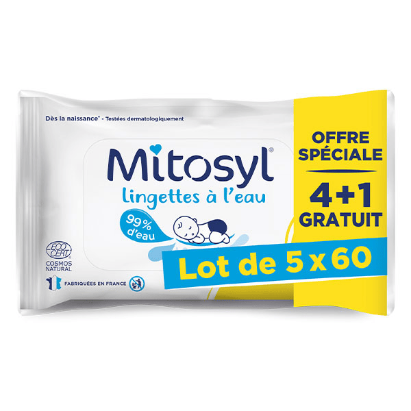 Lingettes à l'eau pour bébé - 5 sachets de 60 lingettes - EG LABO