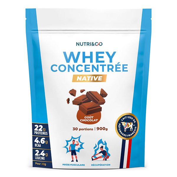 Nutri&Co Protéines Whey Concentrate Native en poudre - 30 Portions Goût Chocolat - 900gr