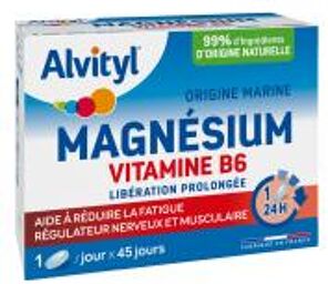 Magnésium + Vitamine B6 - Libération Prolongée - Origine Marine - 99% d'Origine Naturelle - Aide à Réduire la Fatigue - Fabriqué en France - 45 Jours - Dès 12 Ans - Boîte 45 comprimés