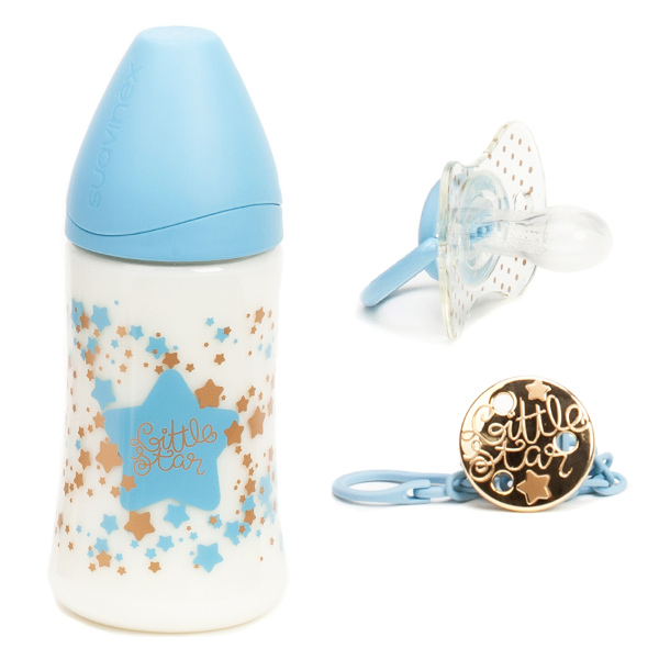 Pack Couture Biberon 270ml + Sucette 0-4m + Attache Sucette Bleu