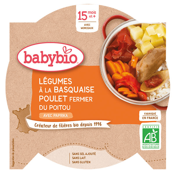 Repas Midi Assiette Légumes à la Basquaise Poulet Riz +15m Bio 260g
