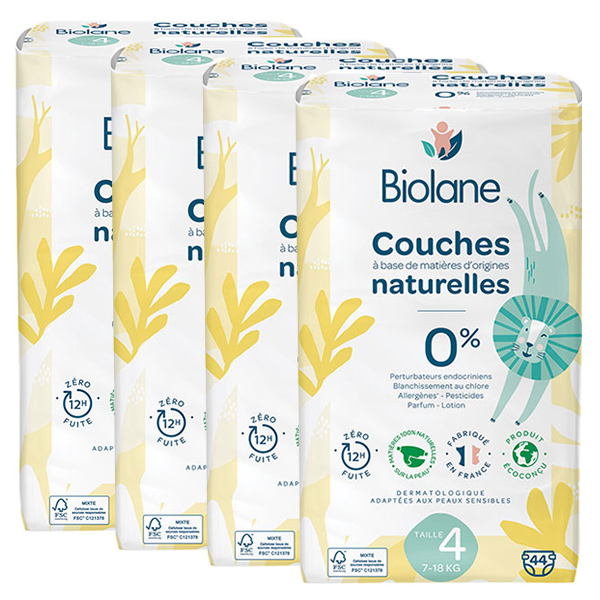 - Couches Naturelles Taille 4 - Ultra-Absorbant, Pas de Fuite - Lot de 4 x 44 unités