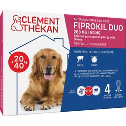 Anti-Puces et Anti-Tiques pour Grand Chien (20-40kg) - Double action : Elimine les parasites & les larves/oeufs  - Protège votre animal et son environnement - 4 Pipettes Spot On