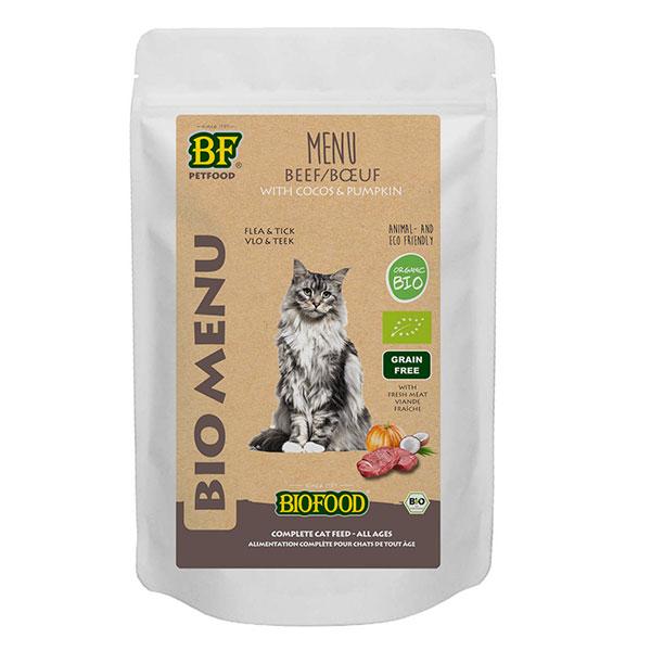 Menu Bio à base de 78% de viande de boeuf BIO pour chat. Sachet de 100g